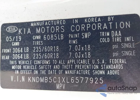 2020 Kia Sedona Ex from USA, damaged, VIN KNDMB5C1XL6577925